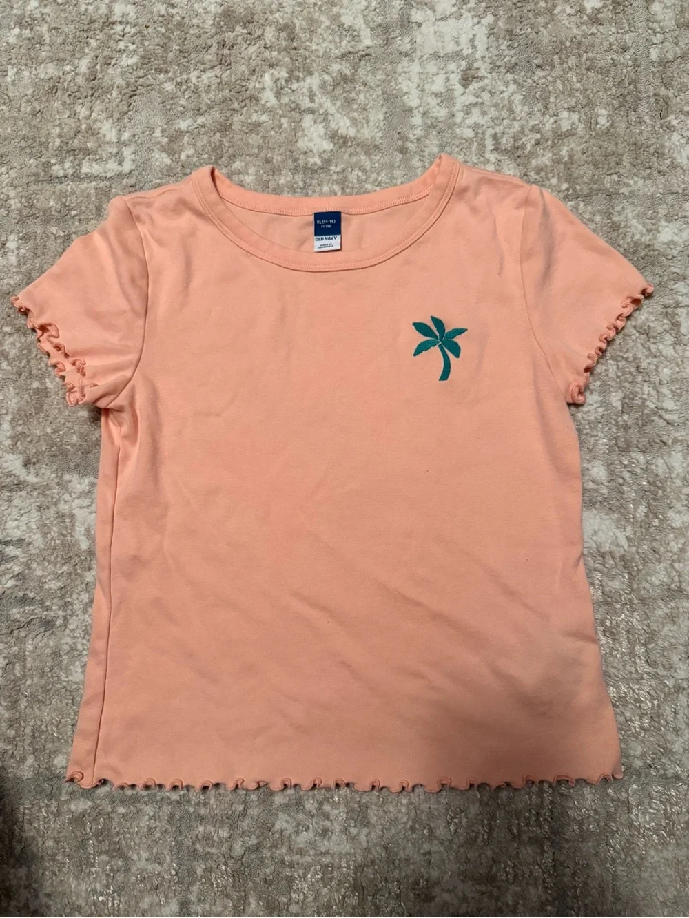 Girls' Peach Palm-Embroidered Ruffle Tee size XL-14/16